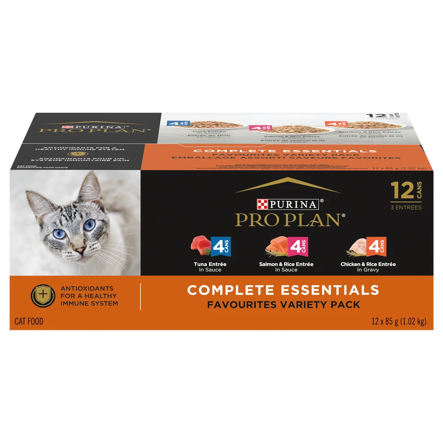 PURINA PRO PLAN Purina® Pro Plan® Complete Essentials™ Favourites Salmon & Rice Entrée, Chicken & Rice Entrée & Tuna Entrée Cat Food Variety Pack 12-85g Cans 3 PURINA PRO PLAN Purina® Pro Plan® Complete Essentials™ Favourites Salmon & Rice Entrée, Chicken & Rice Entrée & Tuna Entrée Cat Food Variety Pack 12-85g Cans
